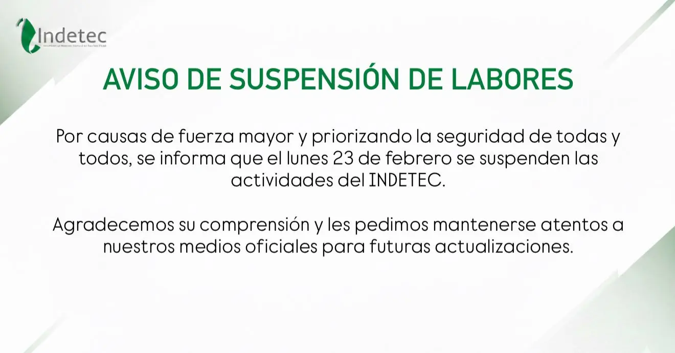 Aviso de suspensión de labores - Indetec